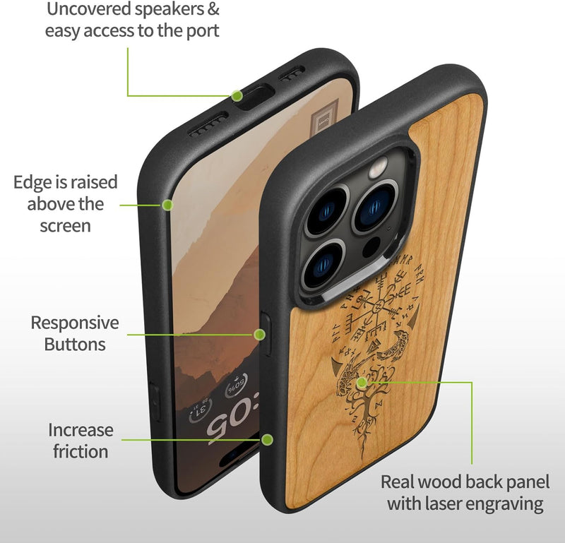 Carveit Holz Cover für iPhone 15 Pro Max hülle, Kompatibel mit Magsafe Silikon Stossfeste Cover, Mag