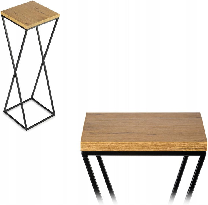 Pflanzenständer Metall 70 cm Hoch - Stabiler und Fester Blumenhocker mit Eiche Optik MDF-Platte auf