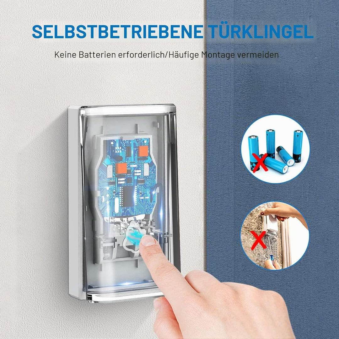 Funkklingel Selbstversorgend ohne Batterie, 350m Reichweite, IP55 Wasserdicht, Türklingel Funk mit 5