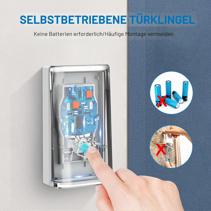 Funkklingel Selbstversorgend ohne Batterie, 350m Reichweite, IP55 Wasserdicht, Türklingel Funk mit 5