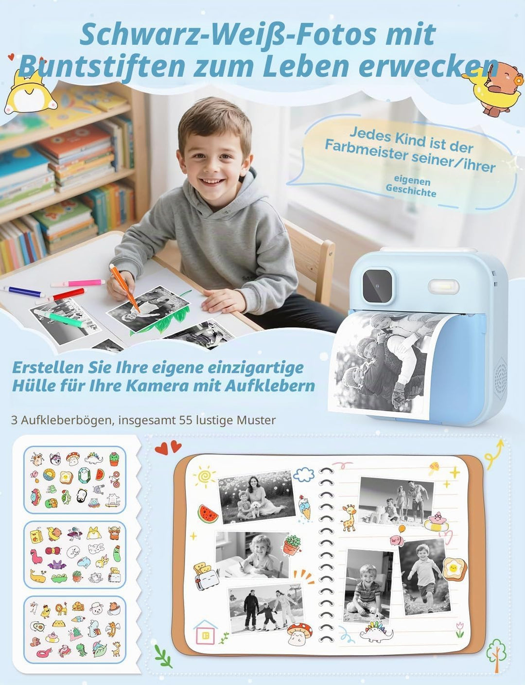YOHOOLYO Sofortbildkamera Kinder 2,4 Zoll 1080P HD Kinderkamera mit 3 Rollen Druckpapier 32GB Karte