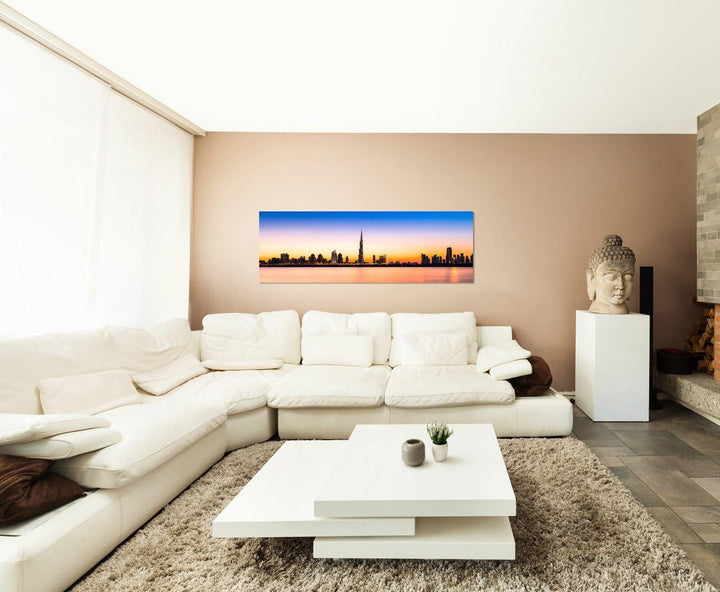 Paul Sinus Art Panoramabild auf Leinwand und Keilrahmen 150x50cm Dubai Skyline Wolkenkratzer Wasser