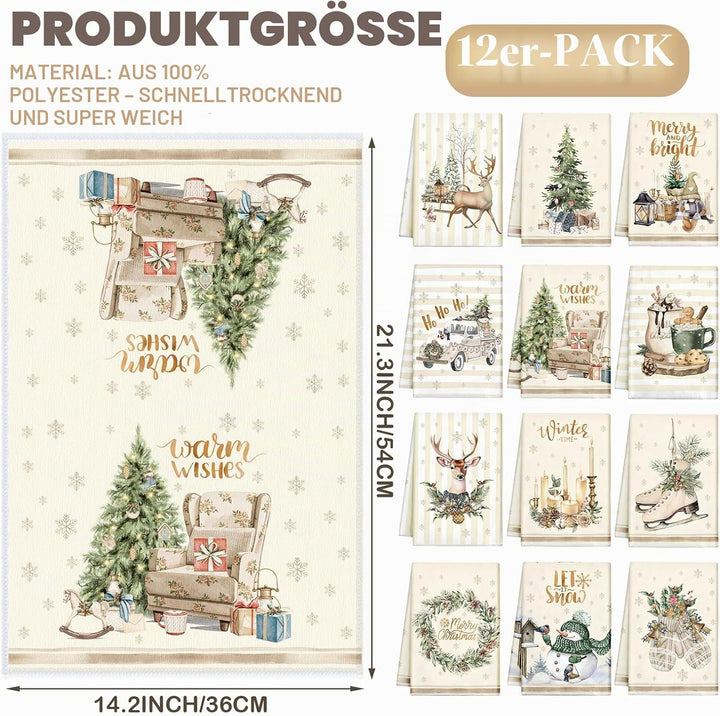 12 Stück Weihnachts-Küchentücher und Geschirrtücher, saugfähig, Weihnachtsbaum, Rentier, LKW, Handtü