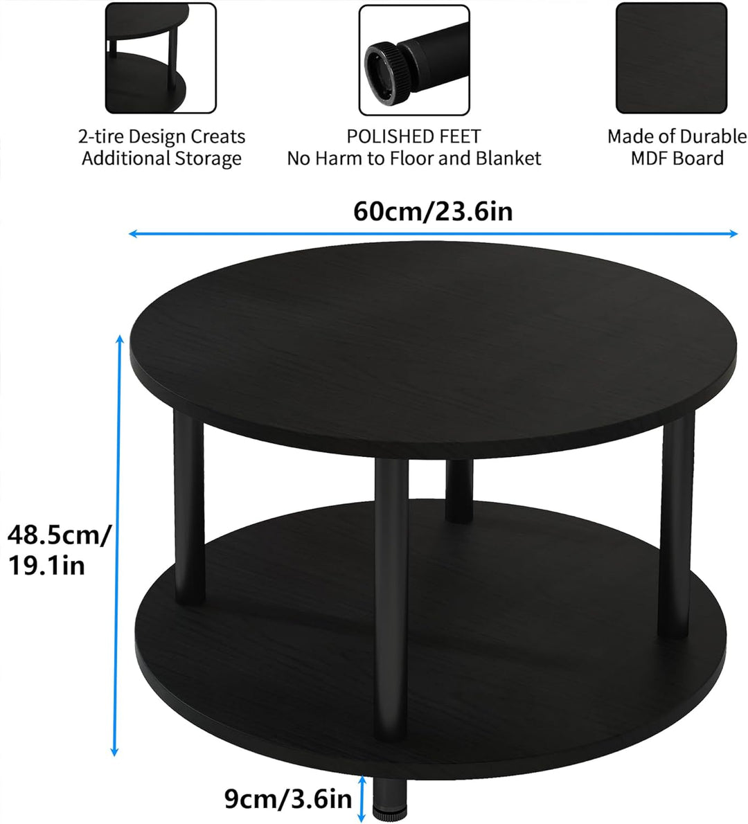 VERFARM Couchtisch Rund, 2 Ablagen, Wohnzimmertisch, Beistelltisch, Kaffeetisch, Sofatisch, für Wohn