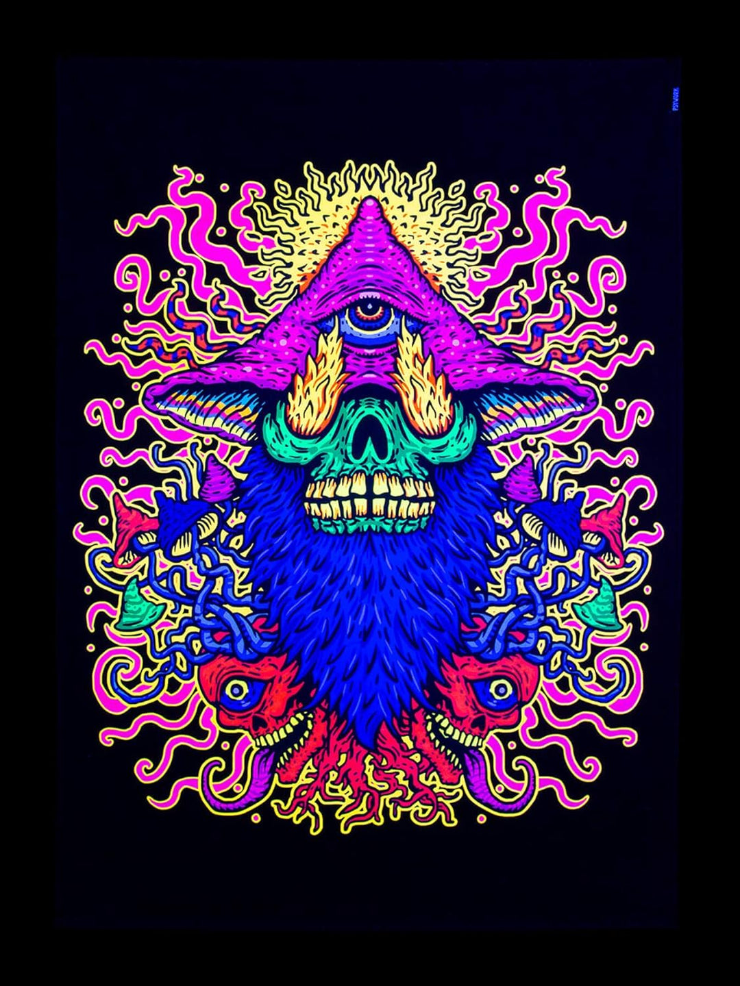 PSYWORK Schwarzlicht Stoffposter Neon | Mushroom Earth Troll | 1,0 x 1,4m | UV-aktiv | fluoreszieren