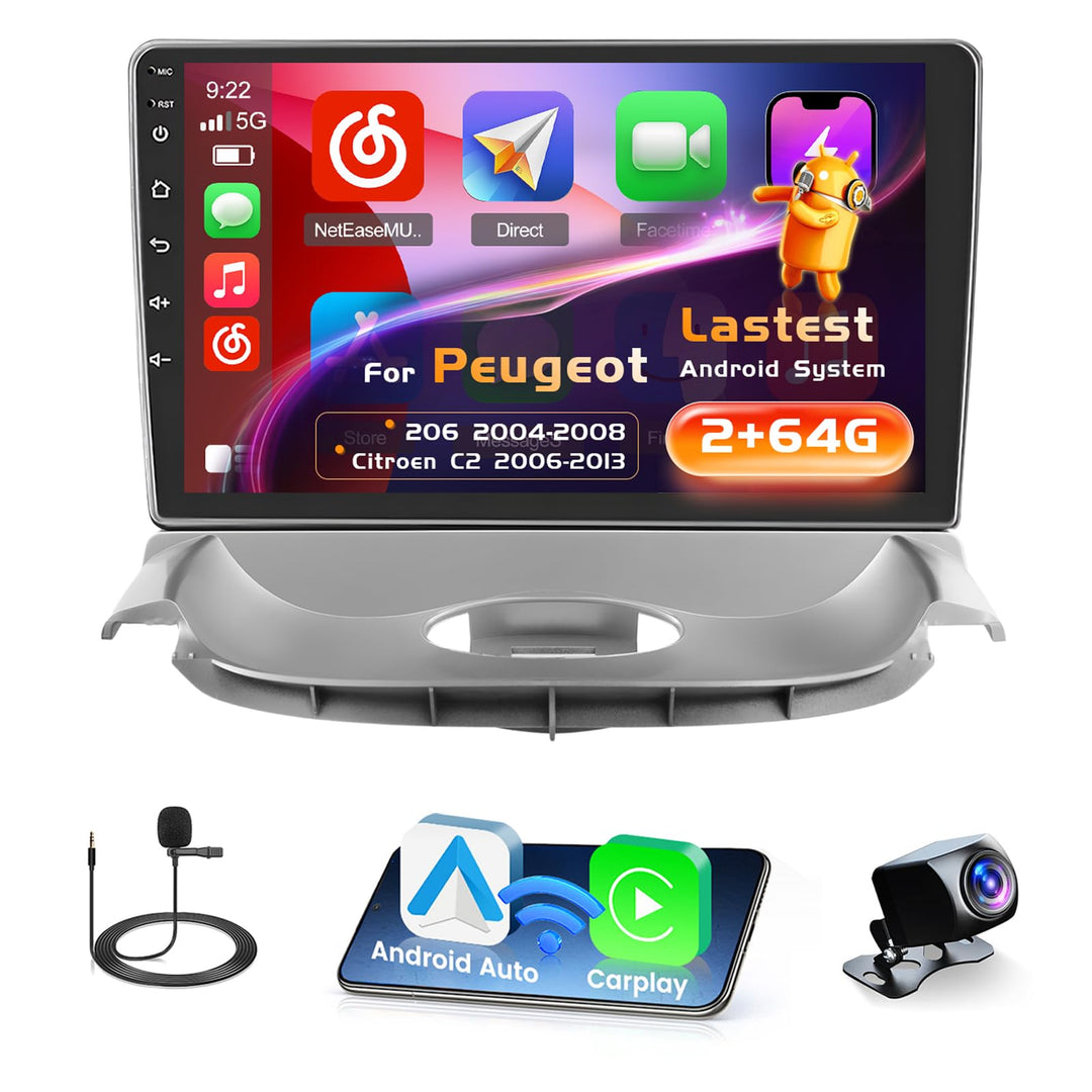 Radio für Peugeot 206 2004-2008/Citroen C2 2006-2013 Android 15 2+64G mit Wireless CarPlay Android A