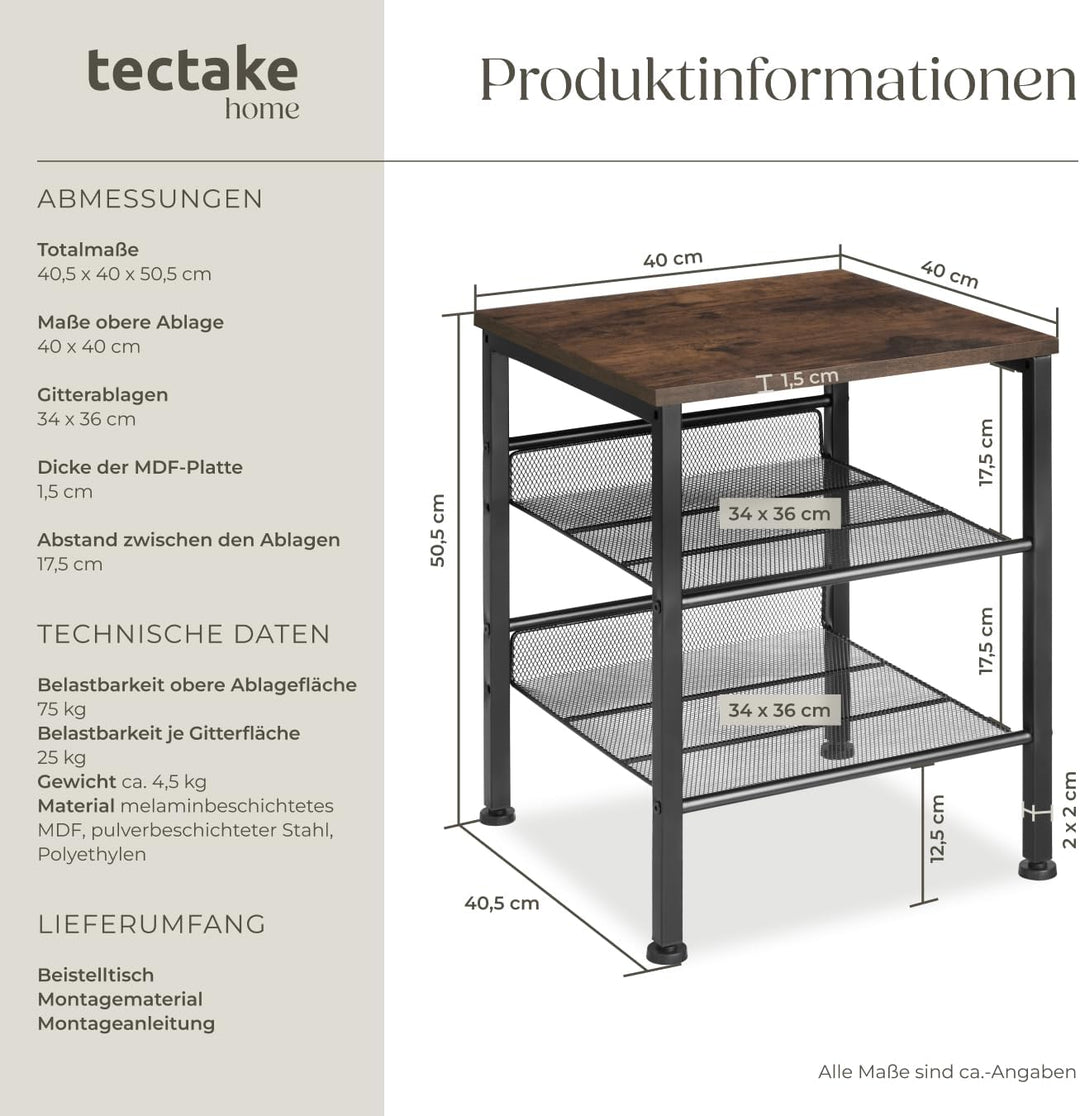 tectake Beistelltisch aus Holz und Metall, Nachttisch mit 2 Gitterablagen, Industrie-Design, für Woh