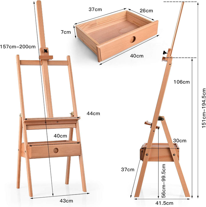 DREAMADE Staffelei Holz mit Schublade, 151-194cm höhenverstellbare Präsentationsstaffelei Holzstaffe