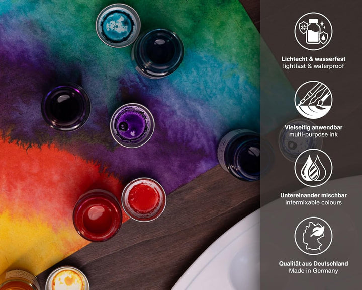 Write and Draw Ink Set RAINBOW, Schreib- und Zeichentusche, 6 x 10 ml mit Schreibfeder RAINBOW 60 ml