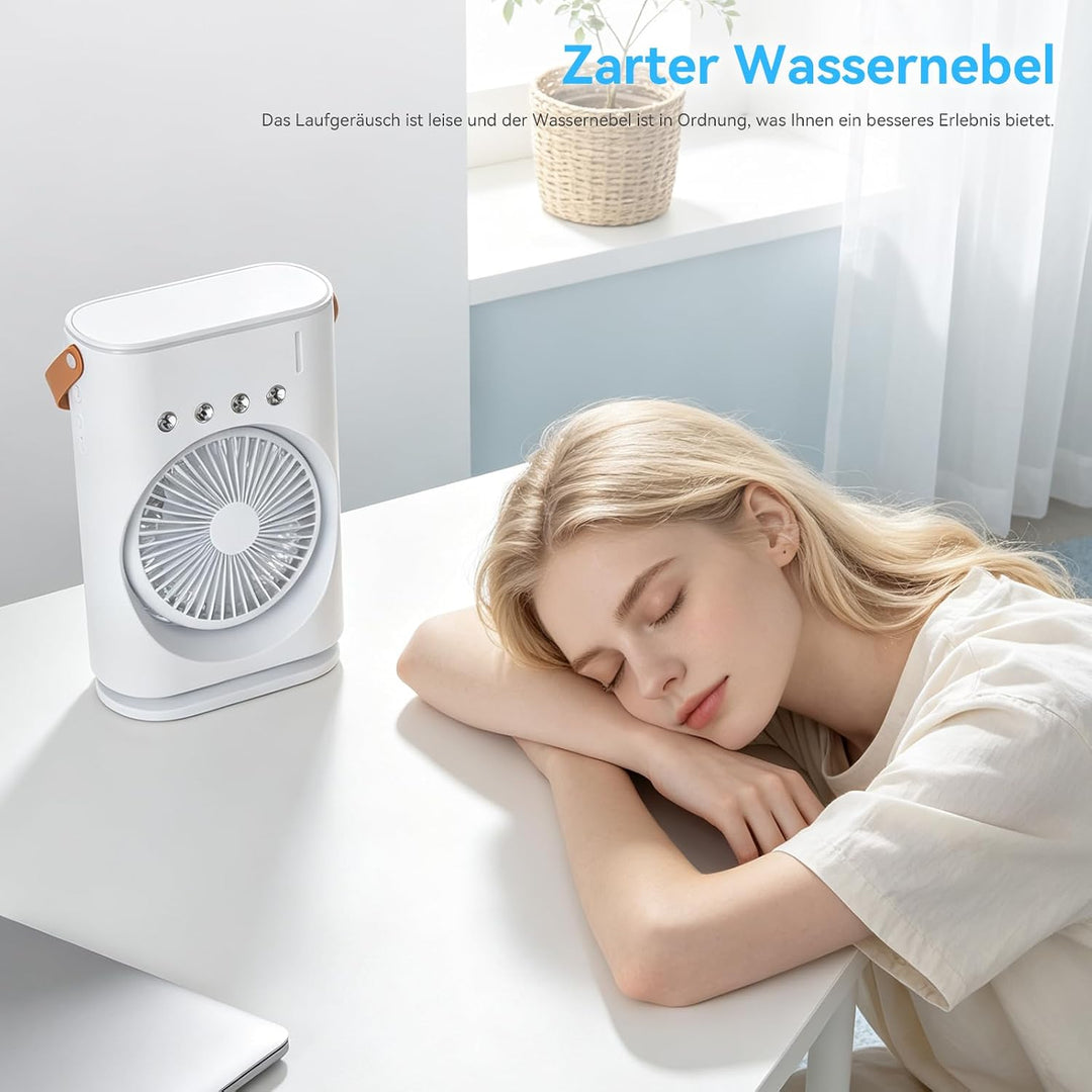 Tragbarer Sprühnebel Tischventilator 350ml Tank,4 Sprühdüsen,3 Windstufen,90° Doppel-Schwenk,3 Taste