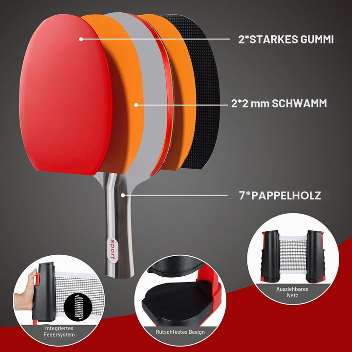 Tischtennisschläger Set,2 Schläger,4 Bälle (2X gelb, 2X weiss),Einziehbares Tischtennisnetz,2 Griffb