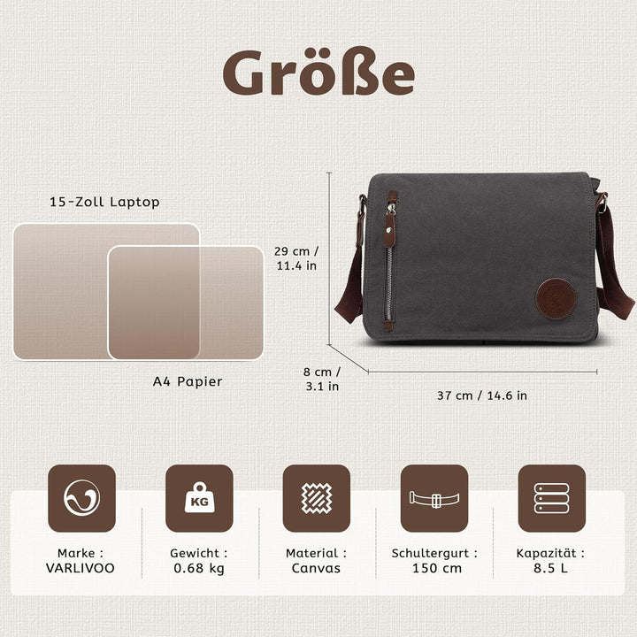 VARLIVOO Umhängetasche für Herren Schultertaschen 14" Zoll Laptoptaschen Messenger Bags Kuriertasche
