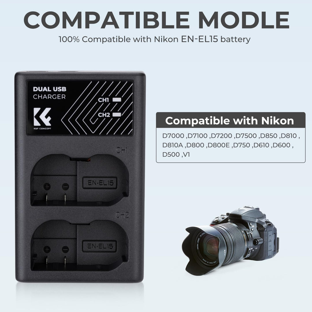 K&F CONCEPT EN-EL15/EN-EL15a/EN-EL15b Dual Slot Kameraakku Ladegerät, Micro USB und Typ-C Port Schne