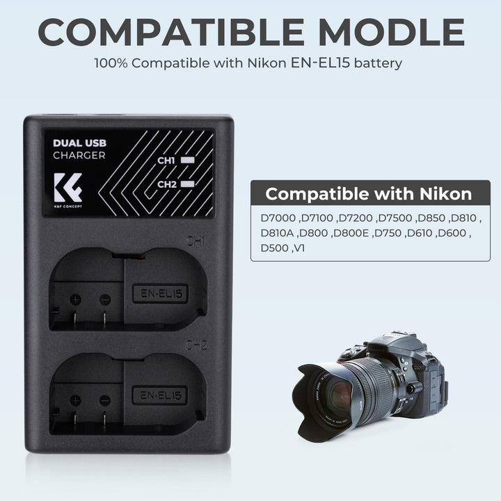 K&F CONCEPT EN-EL15/EN-EL15a/EN-EL15b Dual Slot Kameraakku Ladegerät, Micro USB und Typ-C Port Schne