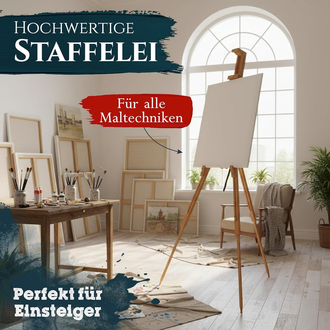 Artina Staffelei Holz für Leinwände bis 100 cm Porto – Neigungswinkel 90° div. Maltechniken Stufenlo