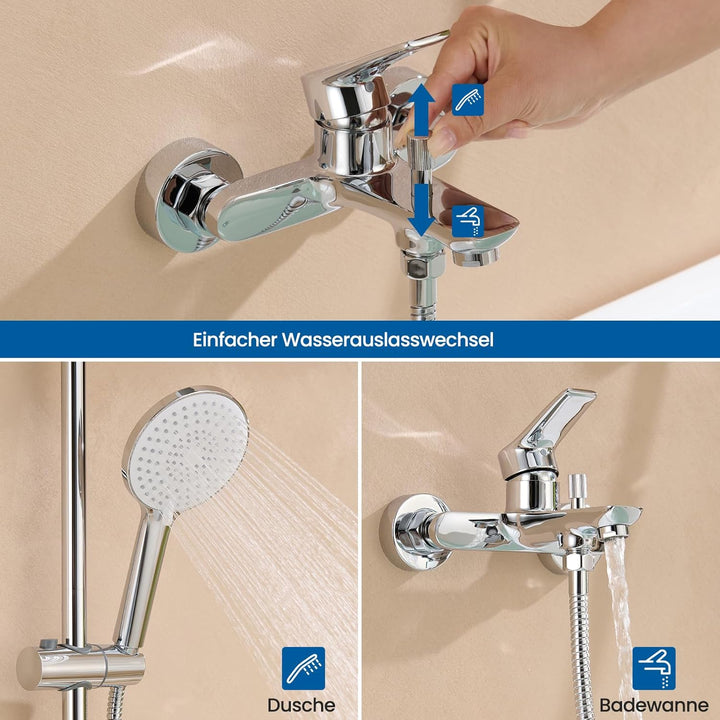 Auralum Wannenarmatur Badewannenarmatur mit 3 Strahlarten Handbrause, Einhebel Badewanne Wasserhahn