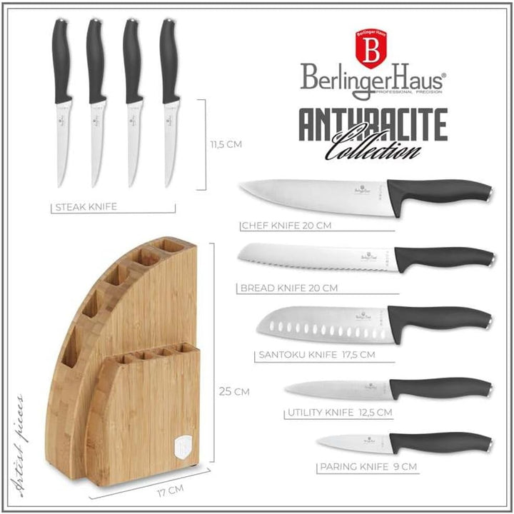 Berlinger Haus Messerset mit Ständer BAMBUS 10-tlg. Anthrazit Kollektion BH-2758