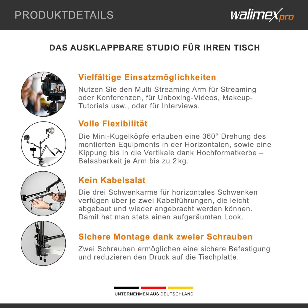 Walimex pro Flexibles Mikrofon Boom Arm Tischstativ Ständer zur Befestigung von Kamera, LED bis 2kg