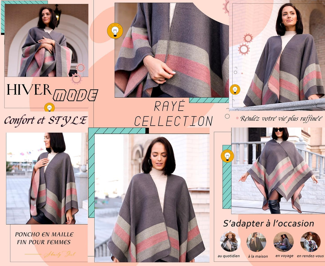 Shmily Girl - Damen Poncho Habe Gestrickt Überdimensionalen Decke Kap-Schal Streifen / Grau, Streife