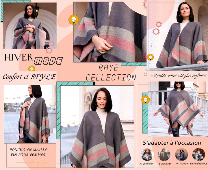 Shmily Girl - Damen Poncho Habe Gestrickt Überdimensionalen Decke Kap-Schal Streifen / Grau, Streife