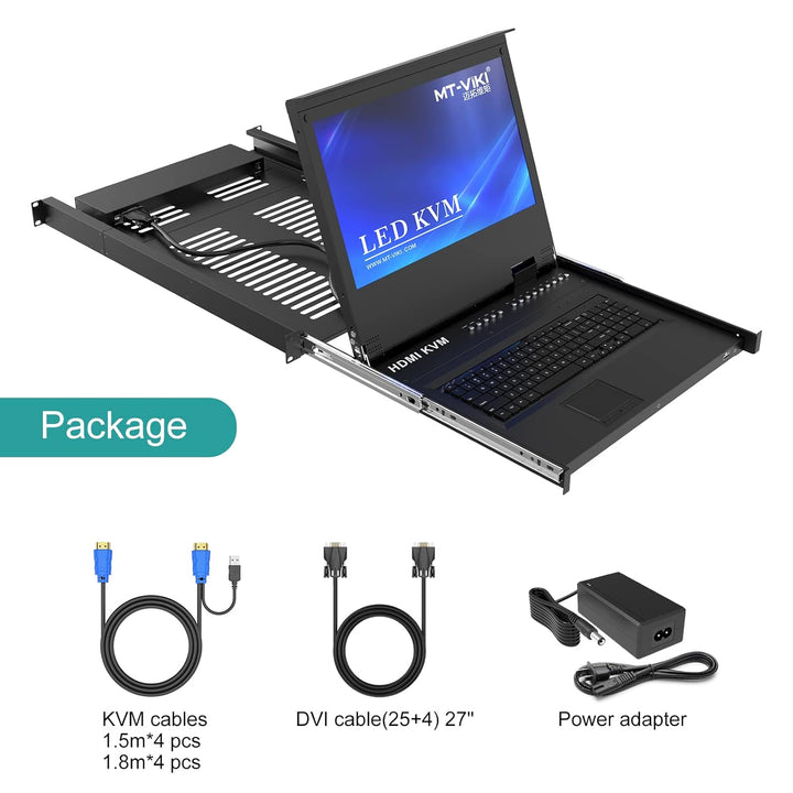MT-VIKI 1U HDMI LCD KVM Konsole 8 Port mit 17.3'' LCD Monitor für 1HE 19'' 600-800mm Schrank Schubla