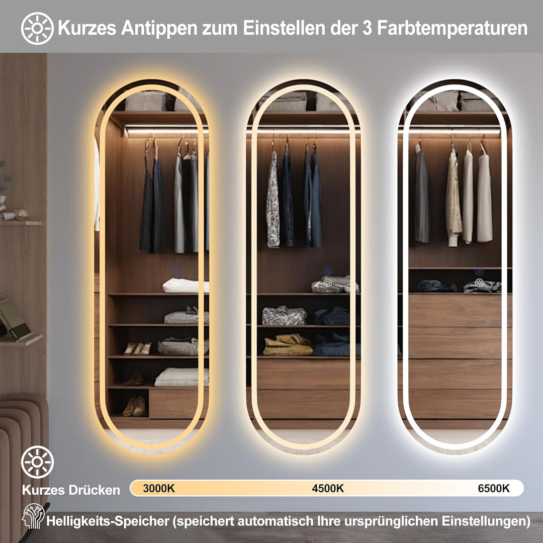 Badspiegel mit Beleuchtung,150x40 cm Spiegel Mit Beleuchtung,Oval LED Spiegel, Wandspiegel mit Dreif