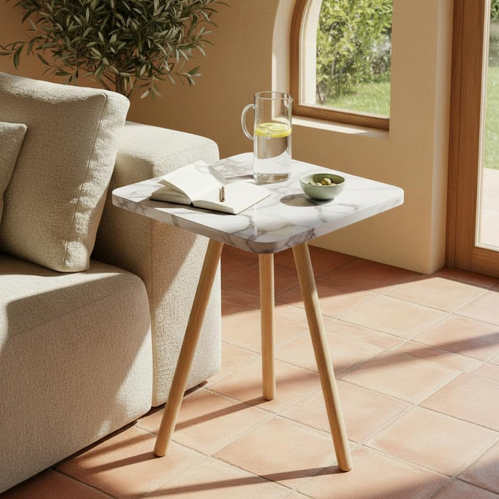 Beistelltisch Creme Marmor Optik 34x45 cm Holzbeine Sofatisch Creme-marmor Quadratisch, Creme-marmor