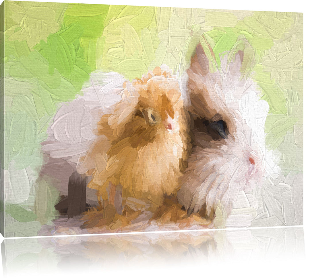 Pixxprint kleines Küken mit süssem Häschen Kunst Pinsel Effekt, Format: 100x70 auf Leinwand, XXL rie