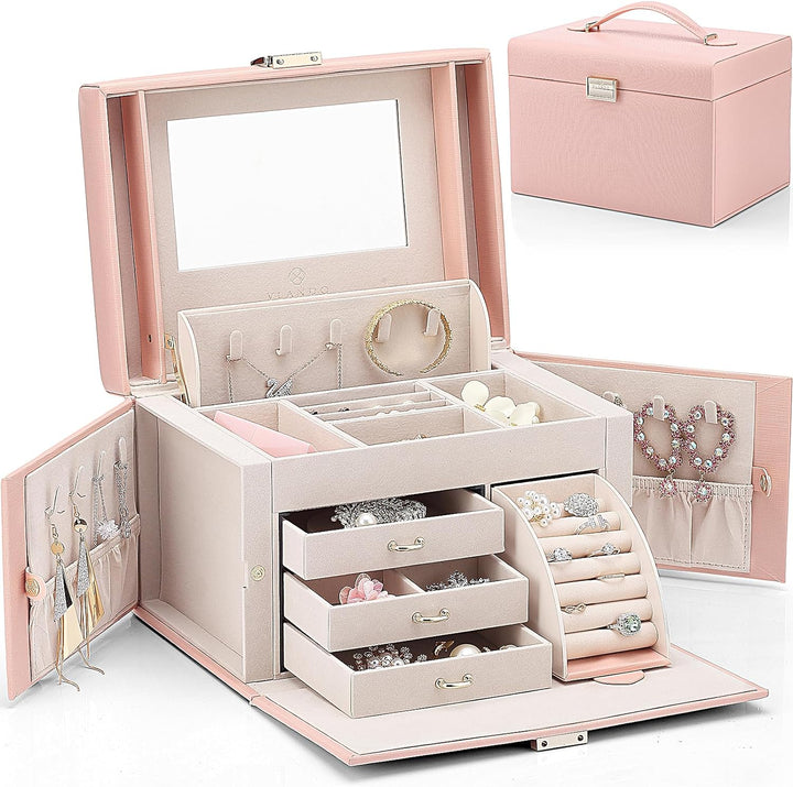 Vlando Faux Leather Jewellery Box, Hochleistungs-Schmuck-Organizer Aufbewahrungsbox mit 3 Schubladen