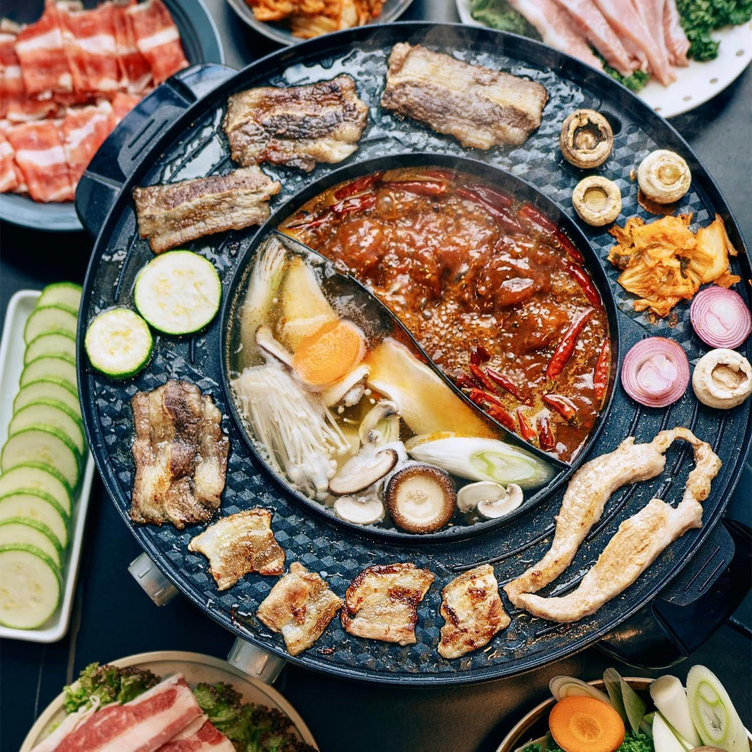 Food Party Hot Pot und Tischgrill Elektrisch Hotpot Topf Elektrogrill 220V 2200W 2 in 1 Electric Hot