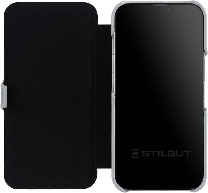 STILGUT Book Case kompatibel mit iPhone 13 Pro (6.1“) Hülle aus Leder mit Clip-Verschluss, Klapphüll