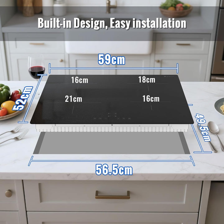 Induktionskochfeld 60 cm Einbau, Induktionskochfeld mit Mattiertes Glas, Boost-Funktion, 9 Leistungs