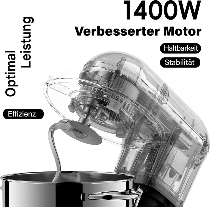 Kitchen in the box Küchenmaschine, 7,5 L Knetmaschine 1400 W, 6 Geschwindigkeits Teigmaschine mit Rü