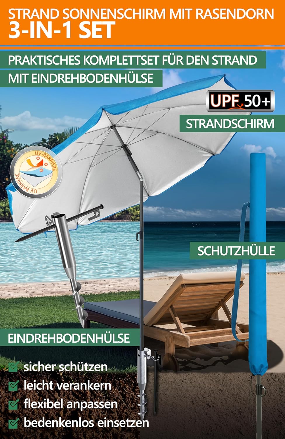 4smile Sonnenschirm Strand 3-IN-1-SET, Ø180 cm Strandschirm windfest stabil + Schutzhülle + Eindrehb