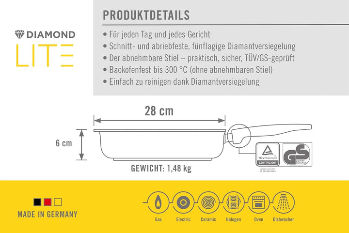 Woll – Diamond Lite Viereckpfanne 28×28 cm mit abnehmbarem Stiel – Antihaftpfanne aus Aluminiumguss,