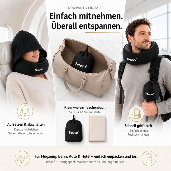 Pro Nackenkissen mit Kapuze & Memory Foam für Flugzeug & Reise – Ergonomisches Nackenhörnchen, Schla