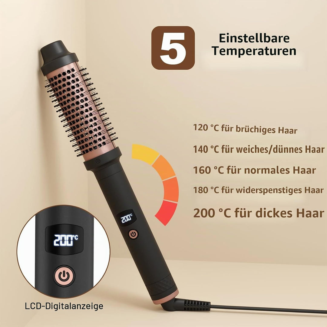 Thermal Brush 3 in 1, Lockenbürste Thermobürste 38mm, LCD Anzeige 120-200℃, Double PTC Wärmebürste,