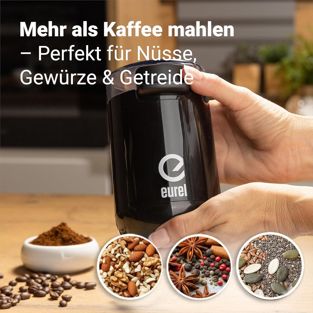 EUREL KMA Schwarz Kaffeemühle | Beste Mahlergebnisse I Mahlgrad variabel I Edelstahl Mahlbehälter un