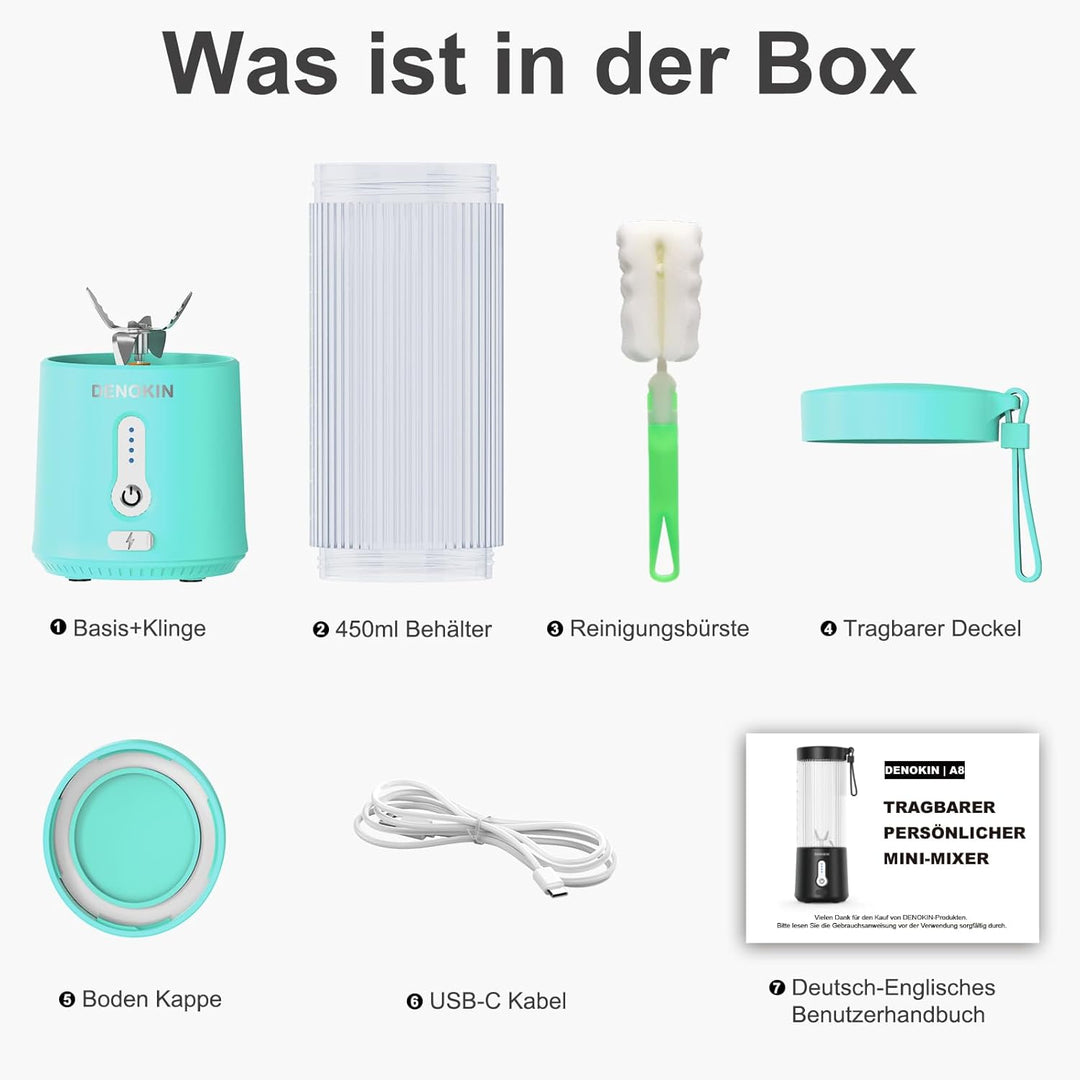 DENOKIN Tragbarer Mixer to Go/Blender/Smoothie Maker, 450ml Becher, Kabellos & USB-C Wiederaufladbar