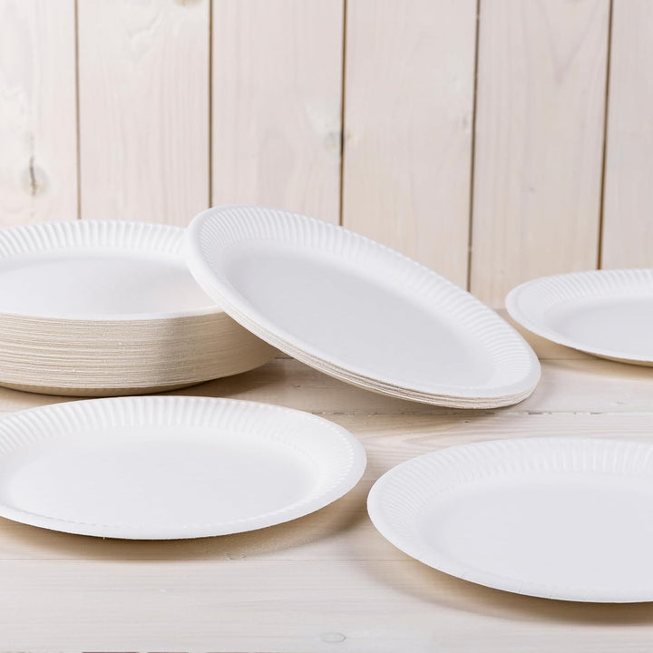 HEKU grosse Pappteller Ø 23cm, 500 Stück, weiss I 100% Kompostierbar I Robustes 220g/m² Frischfaser