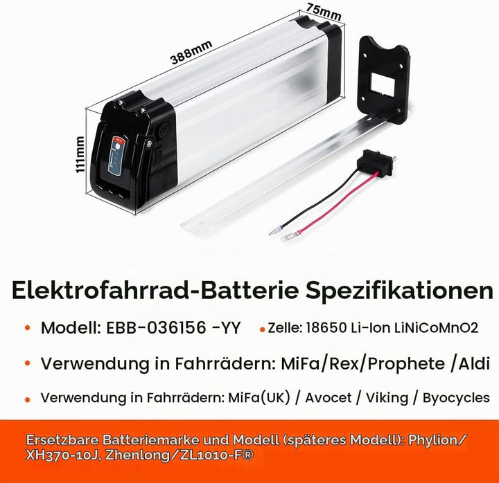 SEASON E-Bike Pedelec Akku Silverfish 36V 15.6Ah 577Wh, passend für 36V 250W/350W/500W Motoren, für