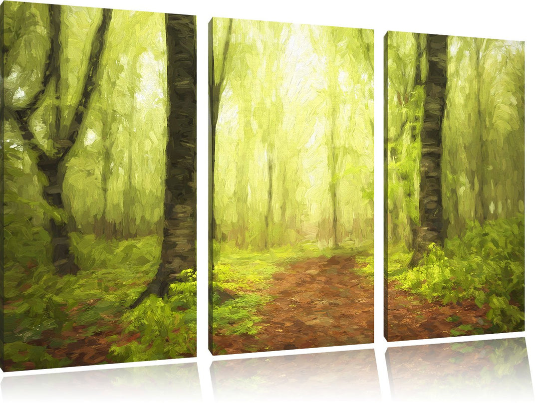 Pixxprint Sonniger Weg im atemberaubenden Wald Pinsel Effekt 3-Teiler Leinwandbild 120x80 Bild auf L