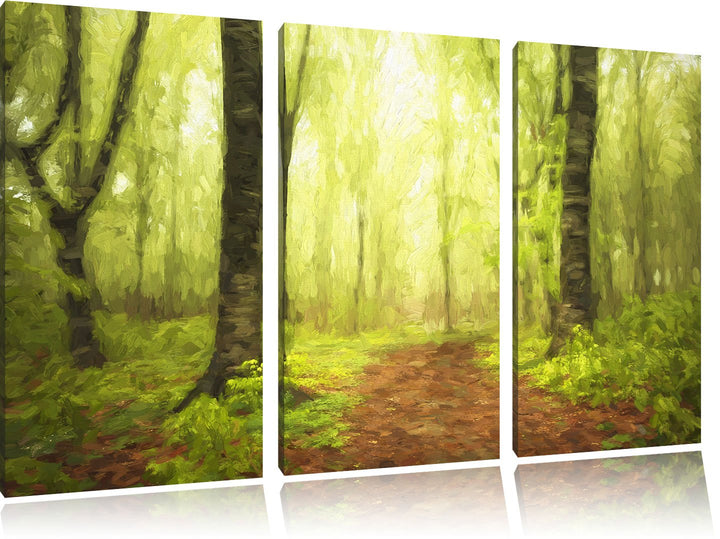 Pixxprint Sonniger Weg im atemberaubenden Wald Pinsel Effekt 3-Teiler Leinwandbild 120x80 Bild auf L