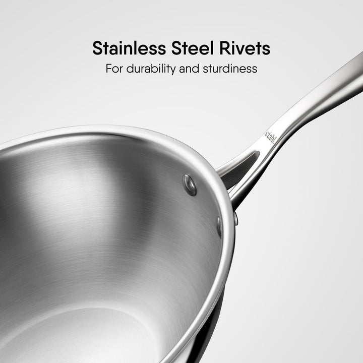 Stahl Artisan Triply Edelstahl-Wok mit Deckel, tiefe Bratpfanne, Induktionsboden, Brat-Wok, Induktio