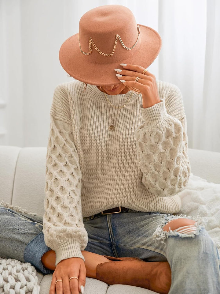 CUPSHE Damen Strickpullover Rundhals Langarm Feinstrick Pulli Jumper Oberteile Tops Honeycomb Knit S