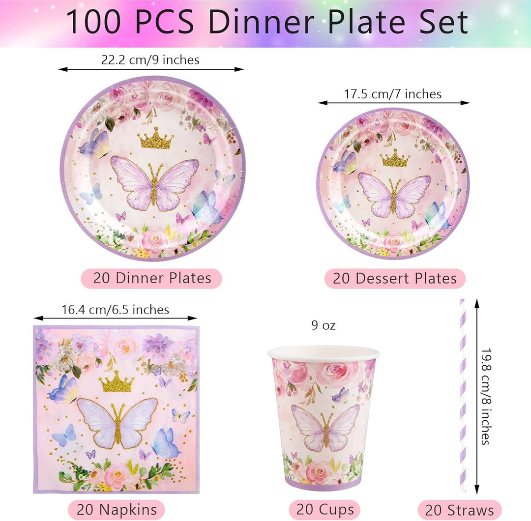 Aitsite 100 Stück Rosa Schmetterling Partygeschirr Set, Schmetterling Partyteller Geburtstag für 20