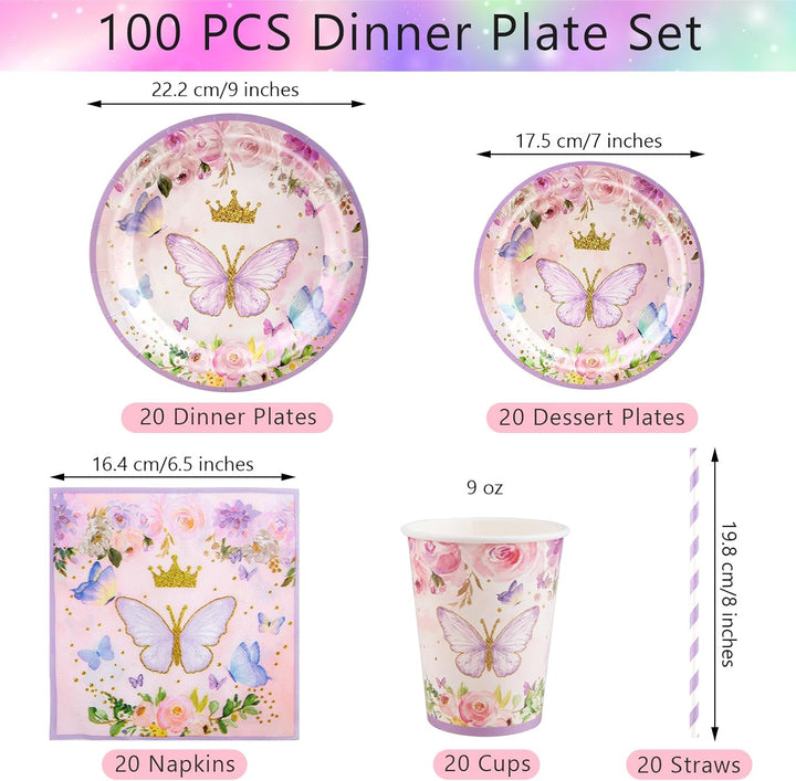 Aitsite 100 Stück Rosa Schmetterling Partygeschirr Set, Schmetterling Partyteller Geburtstag für 20