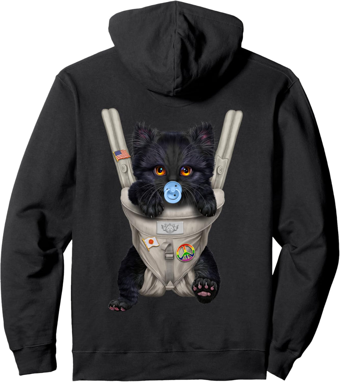 Schwarze Katze mit einem Schnuller in der Babytrage Pullover Hoodie