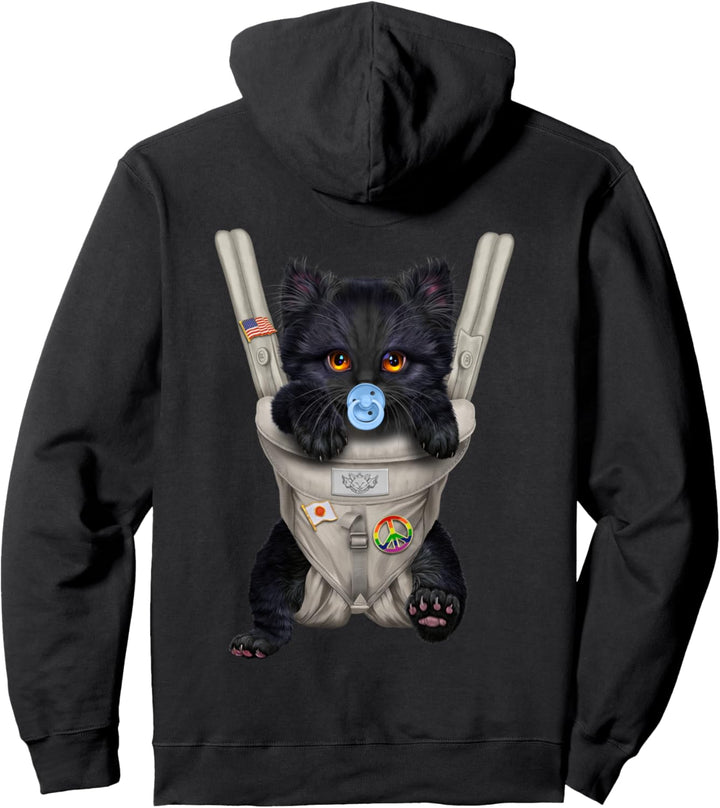 Schwarze Katze mit einem Schnuller in der Babytrage Pullover Hoodie