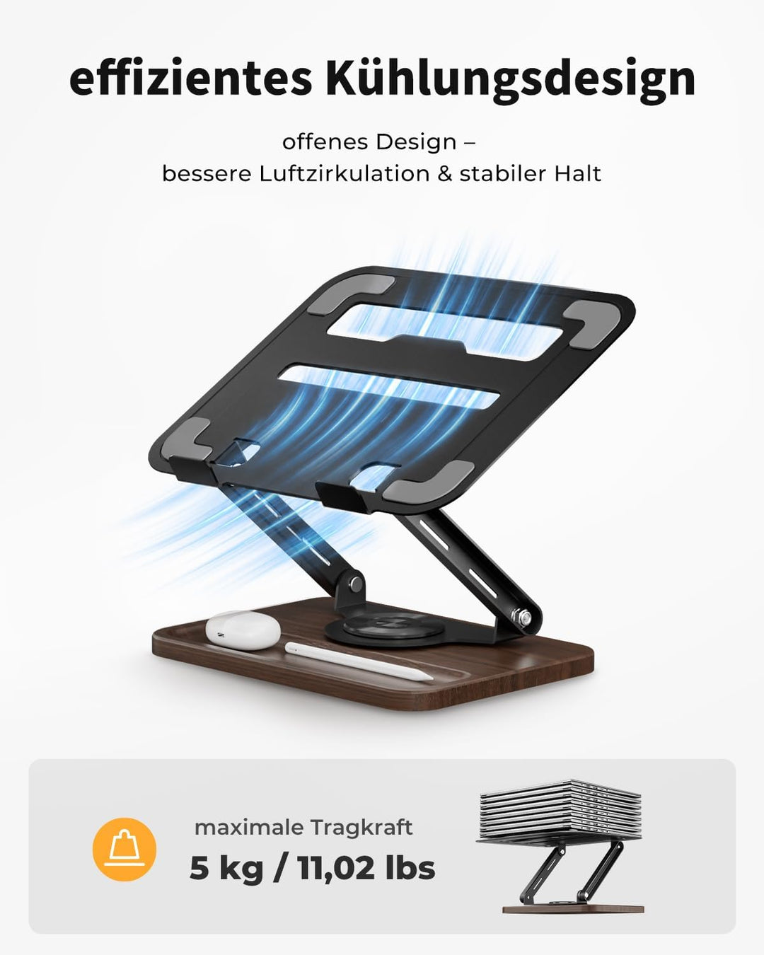 SupeDesk Laptop Ständer mit 360° drehbarer hölzerner Basis,verstellbarer Laptopständer mit Staufach,
